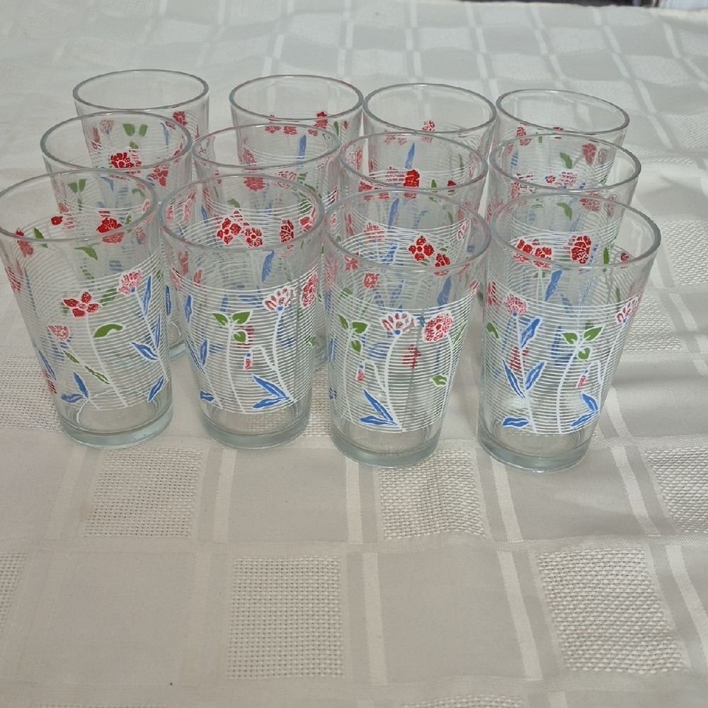 Vintage Floral Glass Tumbler Set - Red, Green, Blue